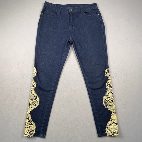 K. Jordan Denim - K. Jordan Lace Applique Jeans Womens 16 Blue Dark Wash Skinny Boho Denim Pants
